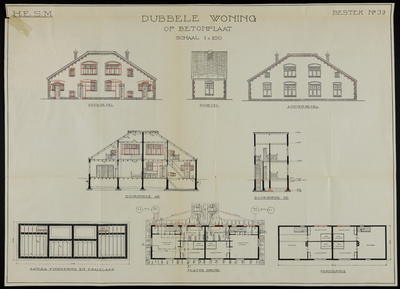 858559 Opstanden, doorsneden en plattegronden voor de vijf dubbele dienstwoningen van de H.E.S.M. op de trajecten ...